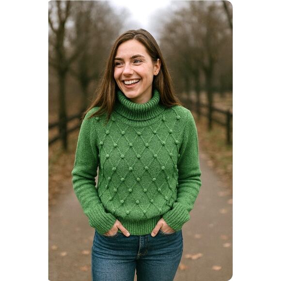 Evan Picone Kelly Green Popcorn Knit Turtleneck Sweater S Classic Preppy Chic - Picture 1 of 5